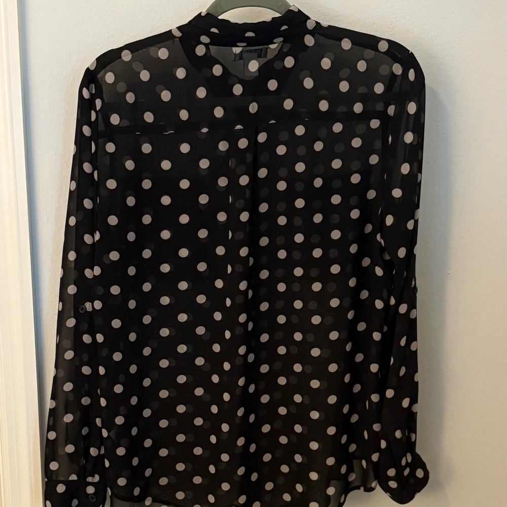 Black sheer with beige polka dots button up blouse Size Lrg